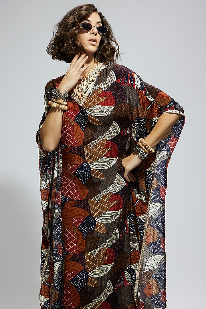 Multi-Colored Crepe Abstract Printed Kaftan Set by SVA BY SONAM & PARAS MODI at Pernia's Pop Up Shop