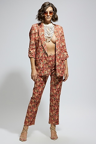 Orange Crepe Jaal Embellished Blazer Set by SVA BY SONAM & PARAS MODI