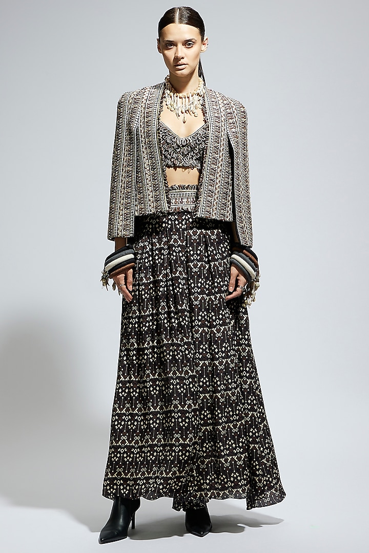 Black Crepe Threadwork Cape Jacket Set by SVA BY SONAM & PARAS MODI at Pernia's Pop Up Shop