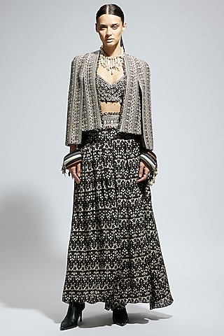 Black Crepe Threadwork Cape Jacket Set by SVA BY SONAM & PARAS MODI