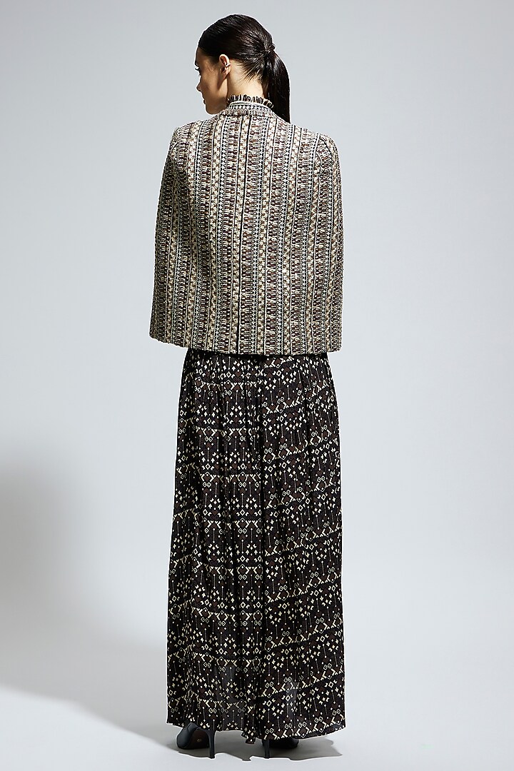 Black Crepe Threadwork Cape Jacket Set by SVA BY SONAM & PARAS MODI at Pernia's Pop Up Shop