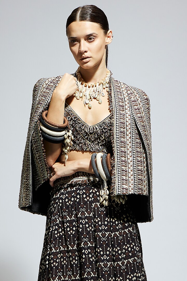 Black Crepe Threadwork Cape Jacket Set by SVA BY SONAM & PARAS MODI at Pernia's Pop Up Shop