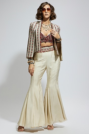 Ivory Crepe Embellished Cape Jacket Set by SVA BY SONAM & PARAS MODI at Pernia's Pop Up Shop