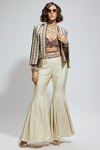 Ivory Crepe Embellished Cape Jacket Set by SVA BY SONAM & PARAS MODI