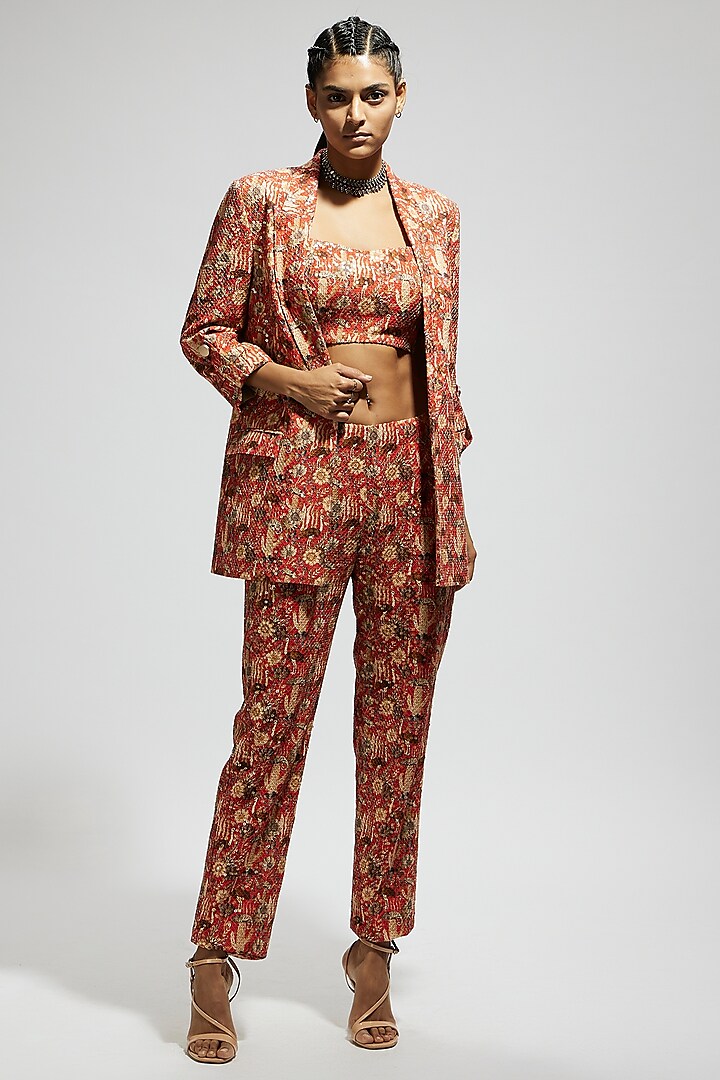 Orange Crepe Jaal Embellished Blazer Set by SVA BY SONAM & PARAS MODI at Pernia's Pop Up Shop