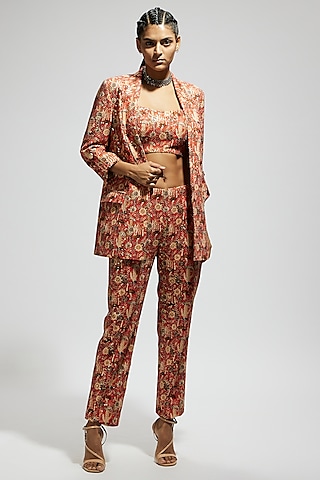 Orange Crepe Jaal Embellished Blazer Set by SVA BY SONAM & PARAS MODI