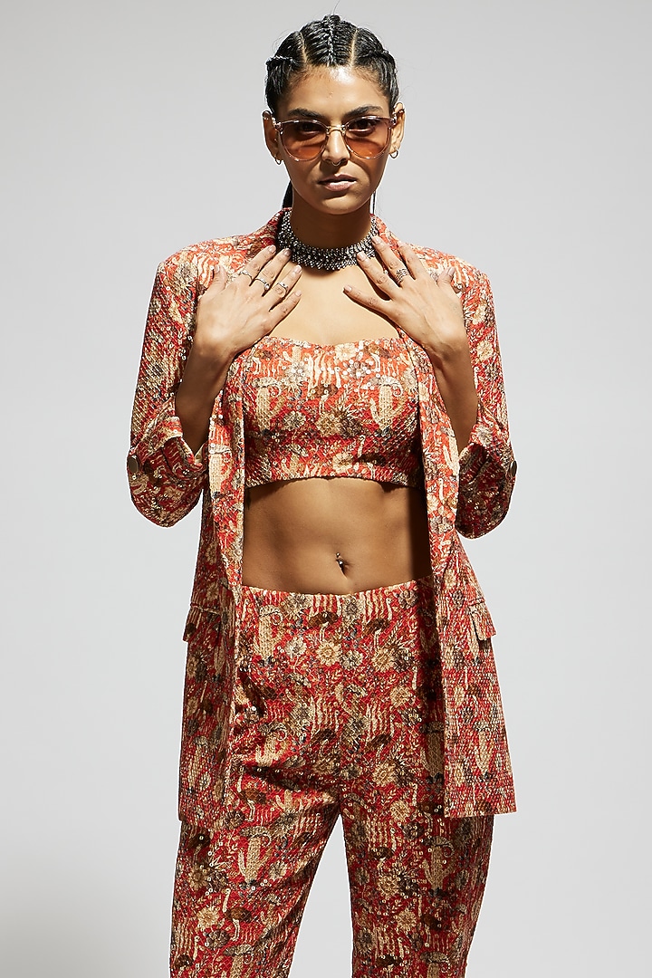 Orange Crepe Jaal Embellished Blazer Set by SVA BY SONAM & PARAS MODI at Pernia's Pop Up Shop