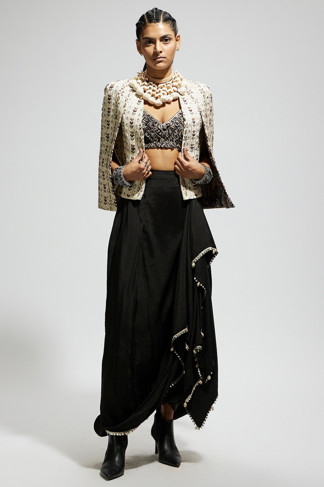 Ivory Silk Embellished Cape Jacket Set by SVA BY SONAM