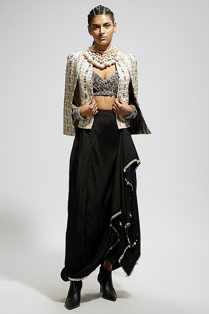 Ivory Silk Embellished Cape Jacket Set by SVA BY SONAM & PARAS MODI at Pernia's Pop Up Shop