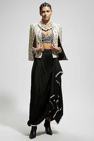 Ivory Silk Embellished Cape Jacket Set by SVA BY SONAM & PARAS MODI