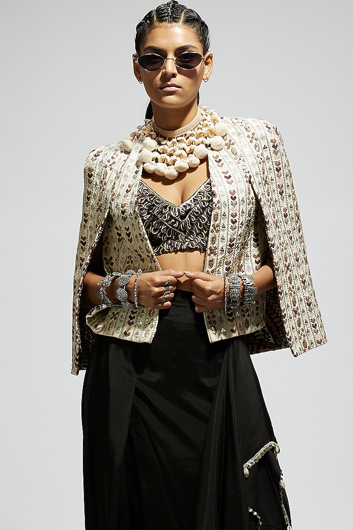 Ivory Silk Embellished Cape Jacket Set by SVA BY SONAM & PARAS MODI at Pernia's Pop Up Shop