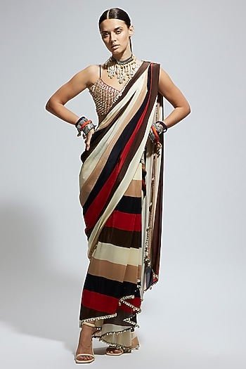 Orange Crepe Striped Printed Wedding Saree Set by SVA BY SONAM & PARAS MODI at Pernia's Pop Up Shop