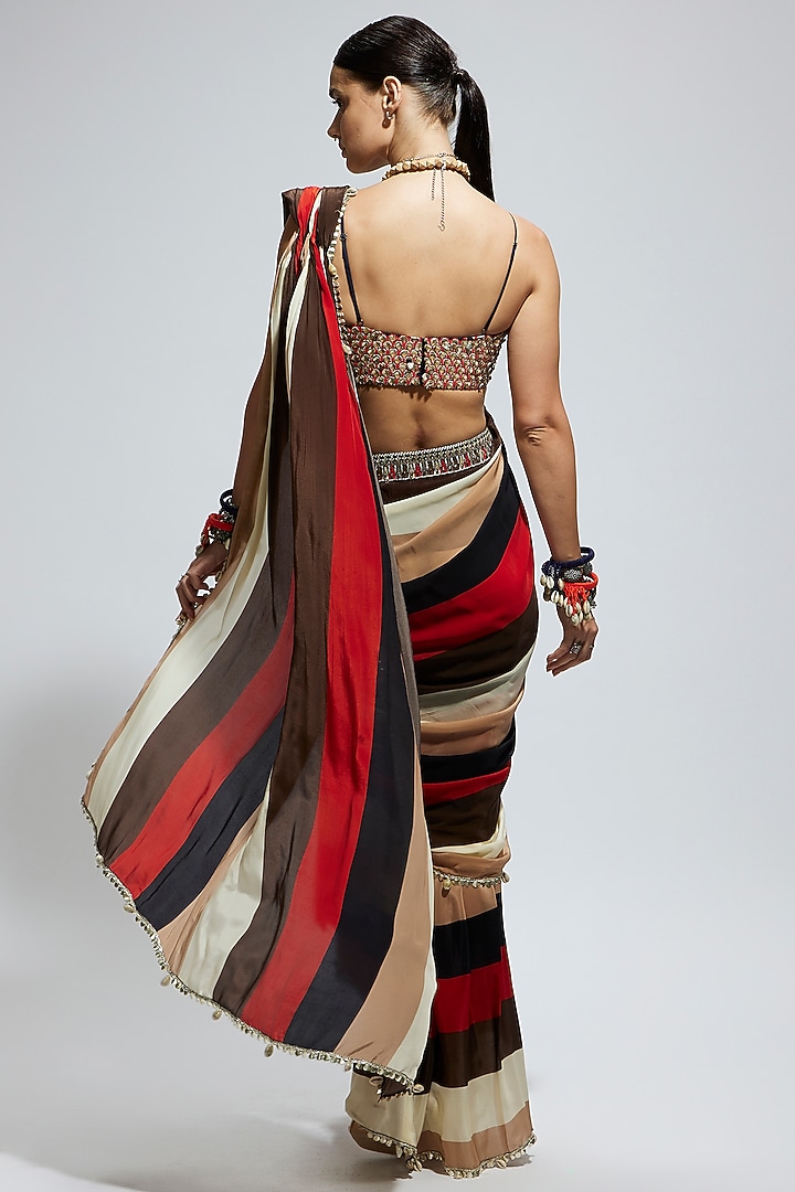 Orange Crepe Striped Printed Wedding Saree Set by SVA BY SONAM & PARAS MODI at Pernia's Pop Up Shop