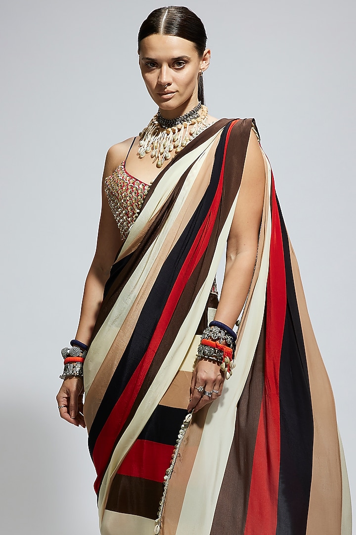 Orange Crepe Striped Printed Wedding Saree Set by SVA BY SONAM & PARAS MODI at Pernia's Pop Up Shop