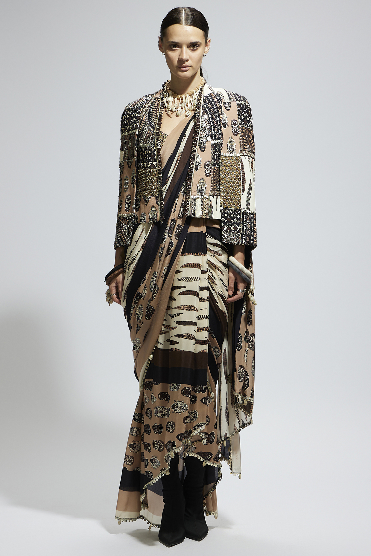 Ivory Crepe Feather Printed Jacket Reception Saree Set by SVA BY SONAM & PARAS MODI at Pernia's Pop Up Shop
