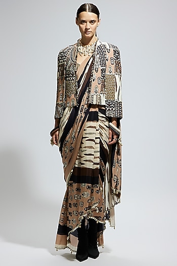 Ivory Crepe Feather Printed Jacket Reception Saree Set by SVA BY SONAM & PARAS MODI at Pernia's Pop Up Shop