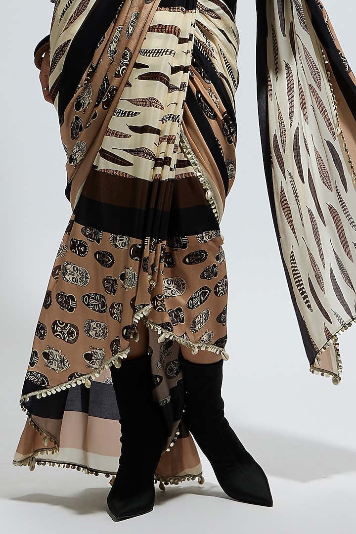 Ivory Crepe Feather Printed Jacket Reception Saree Set by SVA BY SONAM & PARAS MODI at Pernia's Pop Up Shop
