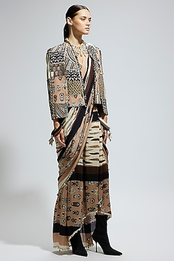 Ivory & Black Crepe Feather Printed Wedding Saree Set by SVA BY SONAM & PARAS MODI at Pernia's Pop Up Shop