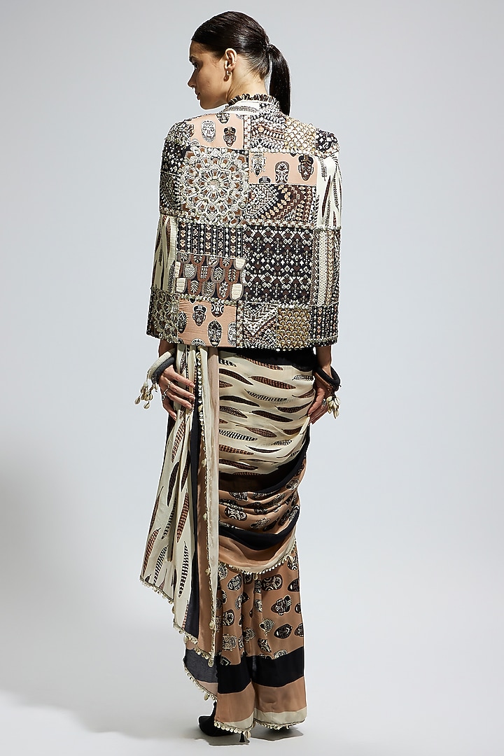 Ivory & Black Crepe Feather Printed Wedding Saree Set by SVA BY SONAM & PARAS MODI at Pernia's Pop Up Shop