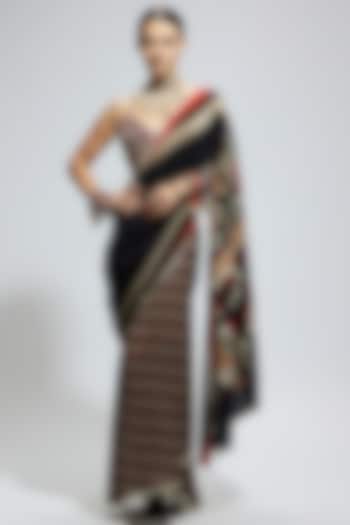 Blue & Black Crepe Mask Printed Wedding Saree Set by SVA BY SONAM & PARAS MODI at Pernia's Pop Up Shop