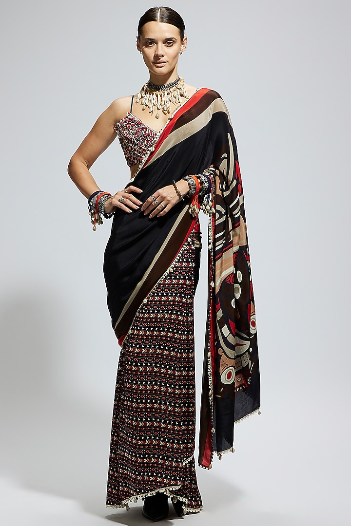Blue & Black Crepe Mask Printed Wedding Saree Set by SVA BY SONAM & PARAS MODI at Pernia's Pop Up Shop