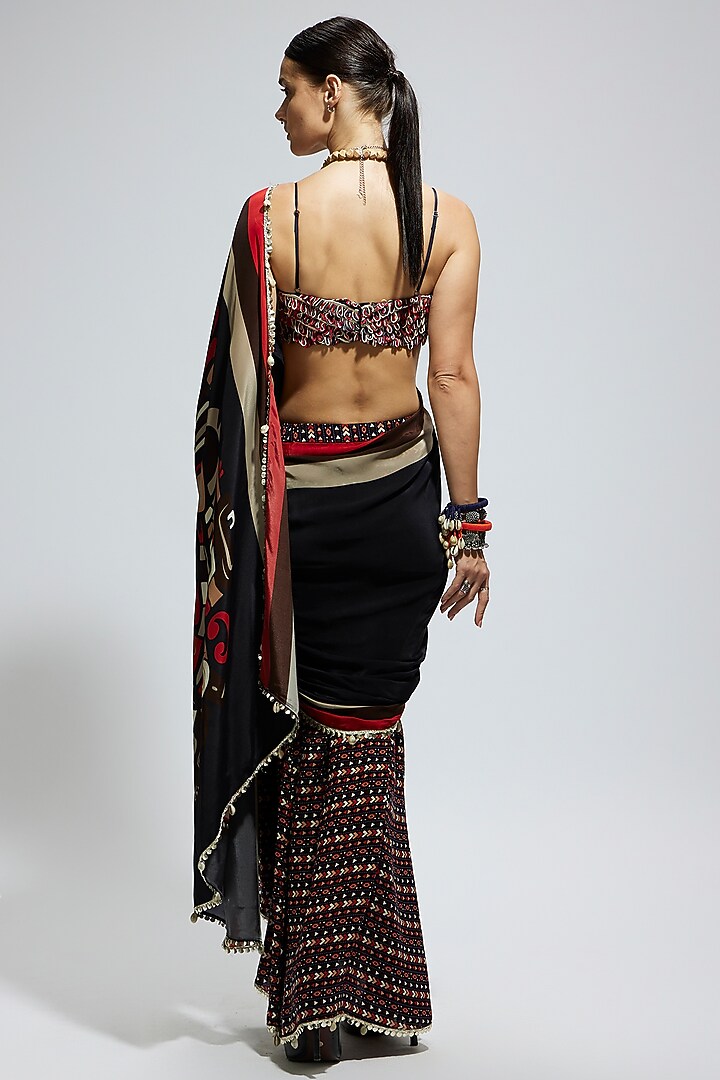 Blue & Black Crepe Mask Printed Wedding Saree Set by SVA BY SONAM & PARAS MODI at Pernia's Pop Up Shop