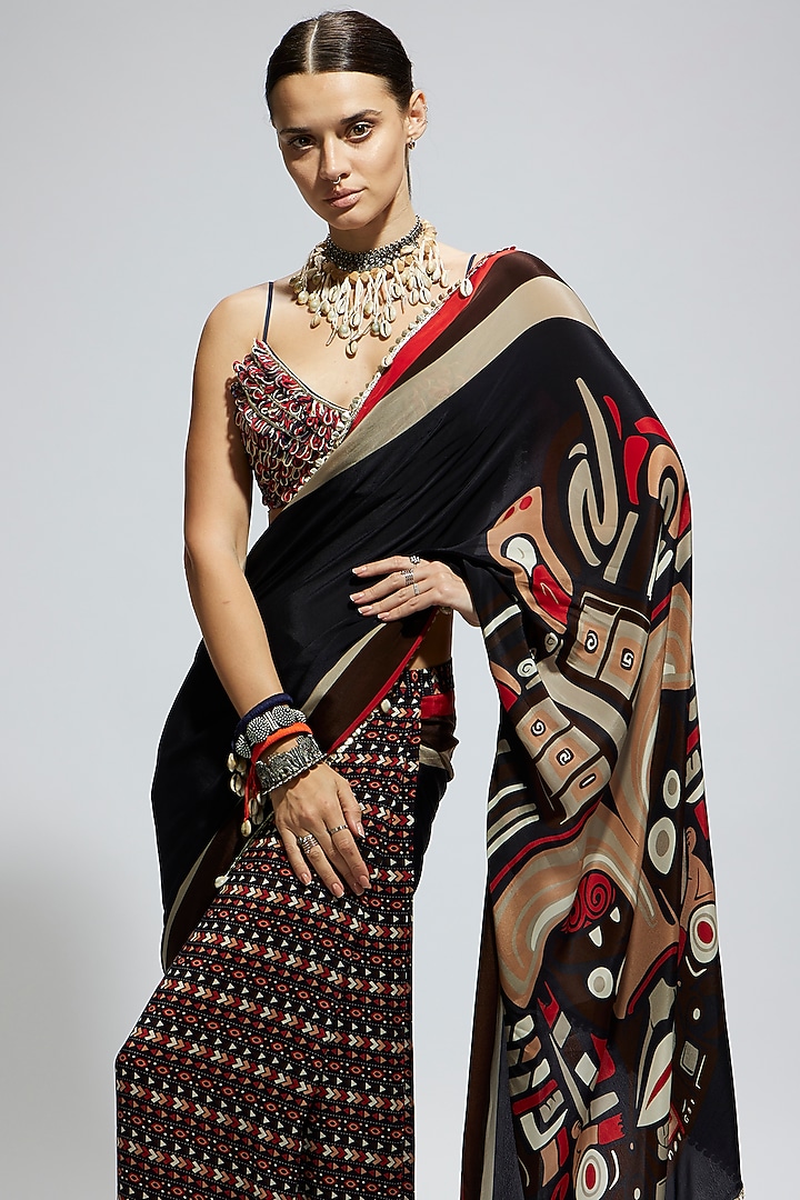Blue & Black Crepe Mask Printed Wedding Saree Set by SVA BY SONAM & PARAS MODI at Pernia's Pop Up Shop
