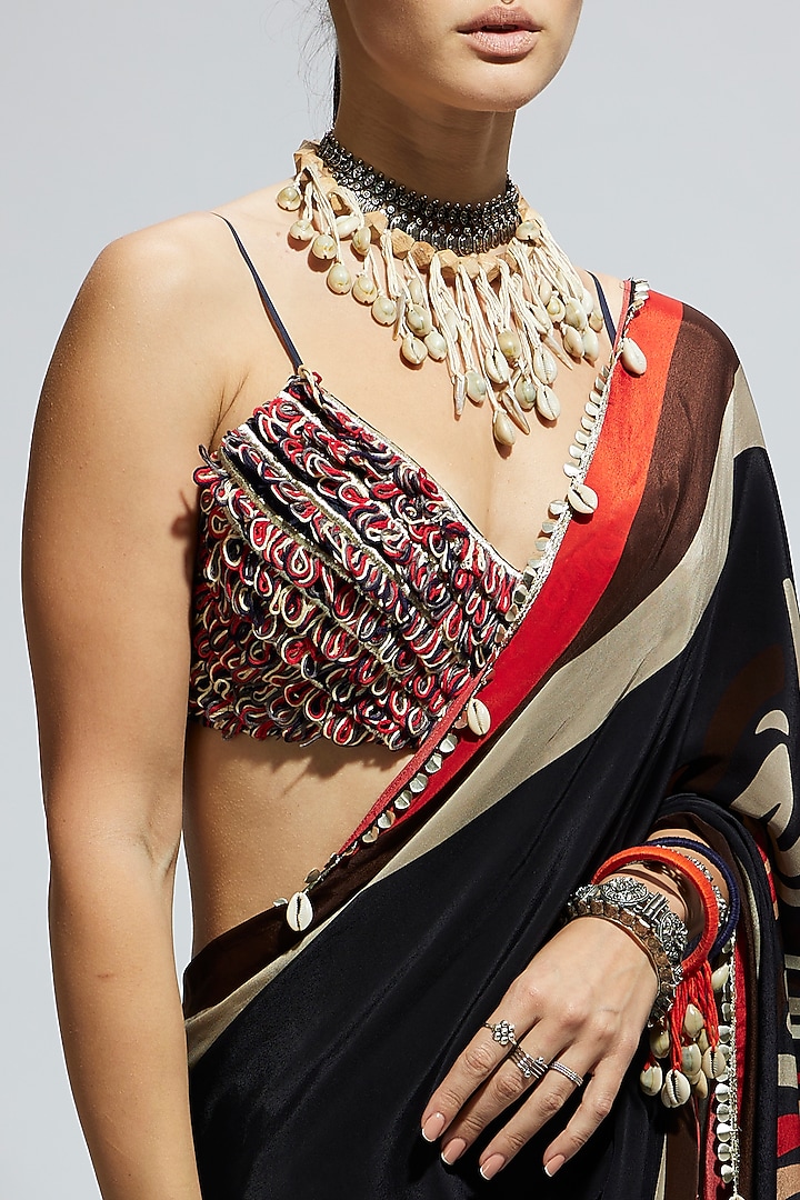 Blue & Black Crepe Mask Printed Wedding Saree Set by SVA BY SONAM & PARAS MODI at Pernia's Pop Up Shop