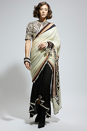 Ivory & Black Silk Printed Wedding Saree Set by SVA BY SONAM & PARAS MODI at Pernia's Pop Up Shop