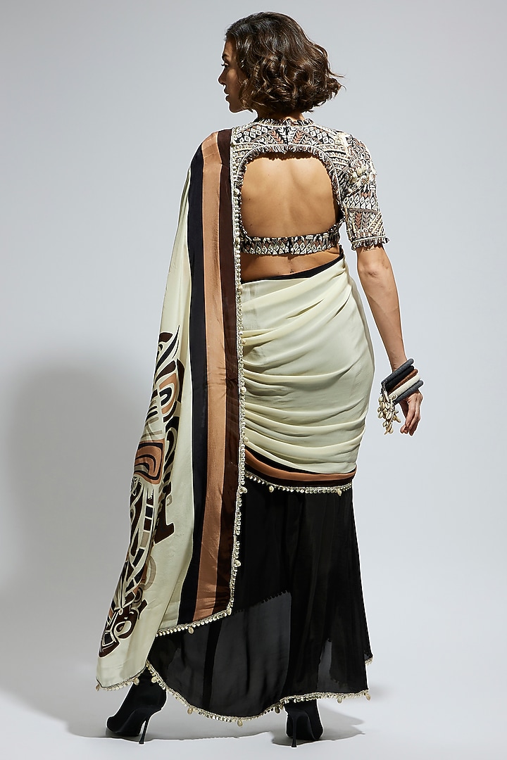 Ivory & Black Silk Printed Wedding Saree Set by SVA BY SONAM & PARAS MODI at Pernia's Pop Up Shop