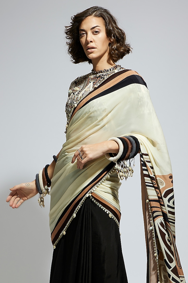 Ivory & Black Silk Printed Wedding Saree Set by SVA BY SONAM & PARAS MODI at Pernia's Pop Up Shop
