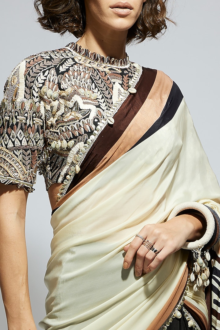 Ivory & Black Silk Printed Wedding Saree Set by SVA BY SONAM & PARAS MODI at Pernia's Pop Up Shop