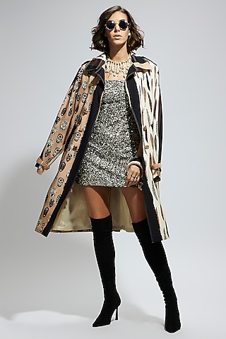 Ivory & Black Silk Printed Trench Coat by SVA BY SONAM & PARAS MODI