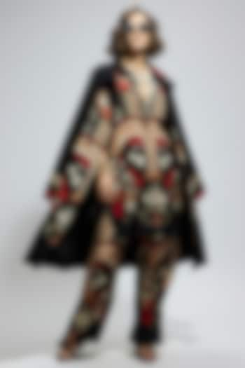 Black Silk Mask Printed Trench Coat by SVA BY SONAM & PARAS MODI at Pernia's Pop Up Shop