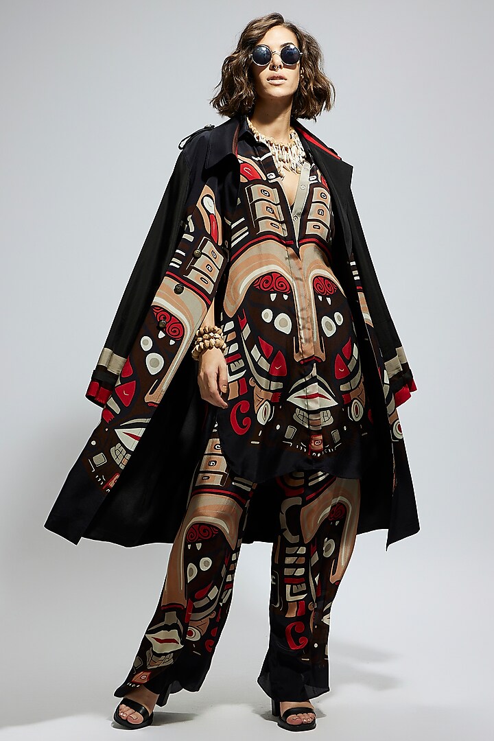 Black Silk Mask Printed Trench Coat by SVA BY SONAM & PARAS MODI at Pernia's Pop Up Shop