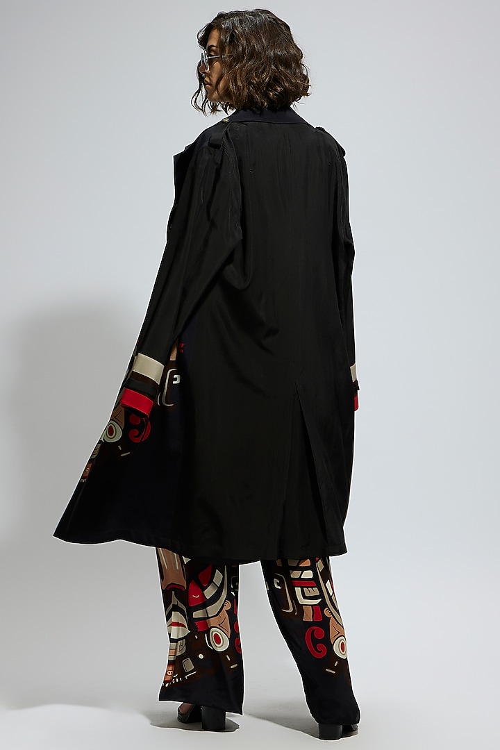 Black Silk Mask Printed Trench Coat by SVA BY SONAM & PARAS MODI at Pernia's Pop Up Shop
