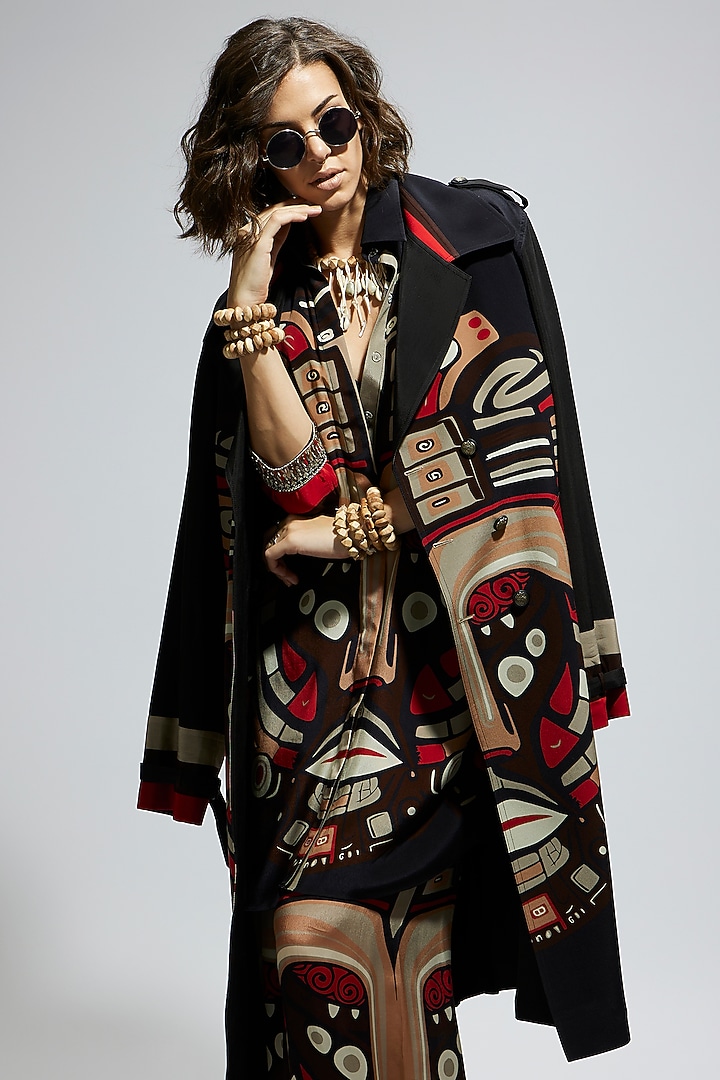 Black Silk Mask Printed Trench Coat by SVA BY SONAM & PARAS MODI at Pernia's Pop Up Shop