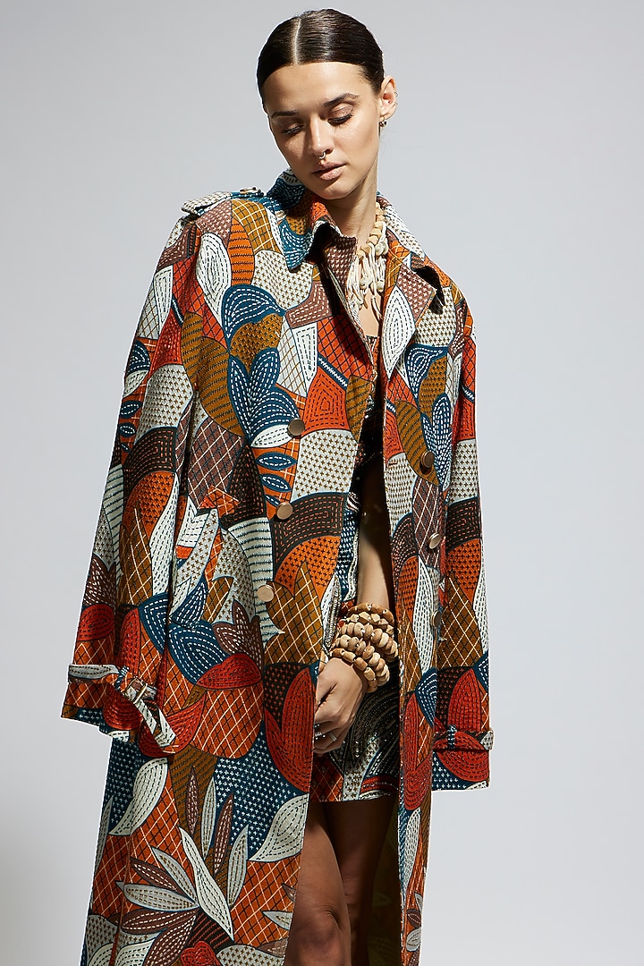 Multi-Colored Silk Trench Coat by SVA BY SONAM & PARAS MODI at Pernia's Pop Up Shop