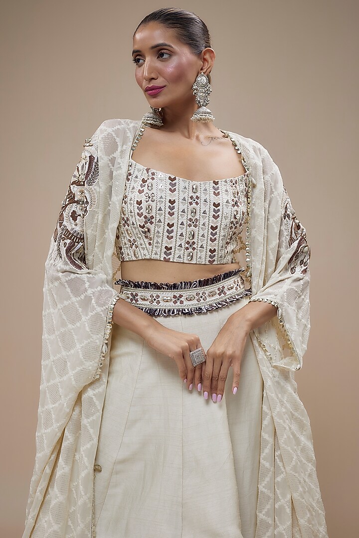Ivory Silk Aztec Embellished Cape Set by SVA BY SONAM & PARAS MODI at Pernia's Pop Up Shop