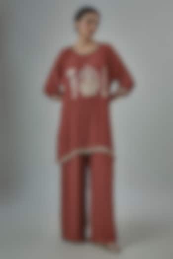 Rust Crepe Motif Embroidered Tunic Set by SVA BY SONAM & PARAS MODI at Pernia's Pop Up Shop