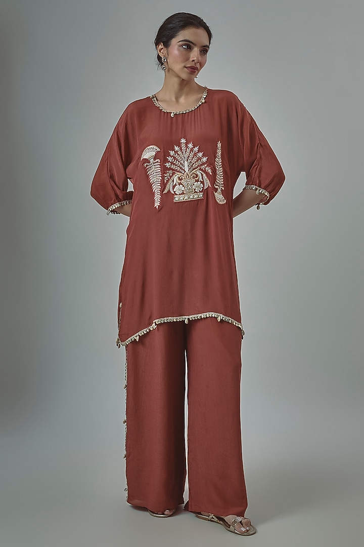 Rust Crepe Motif Embroidered Tunic Set by SVA BY SONAM & PARAS MODI at Pernia's Pop Up Shop
