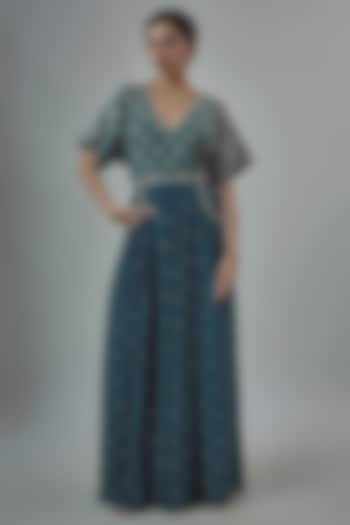 Blue Crepe Embroidered Jumpsuit by SVA BY SONAM & PARAS MODI at Pernia's Pop Up Shop