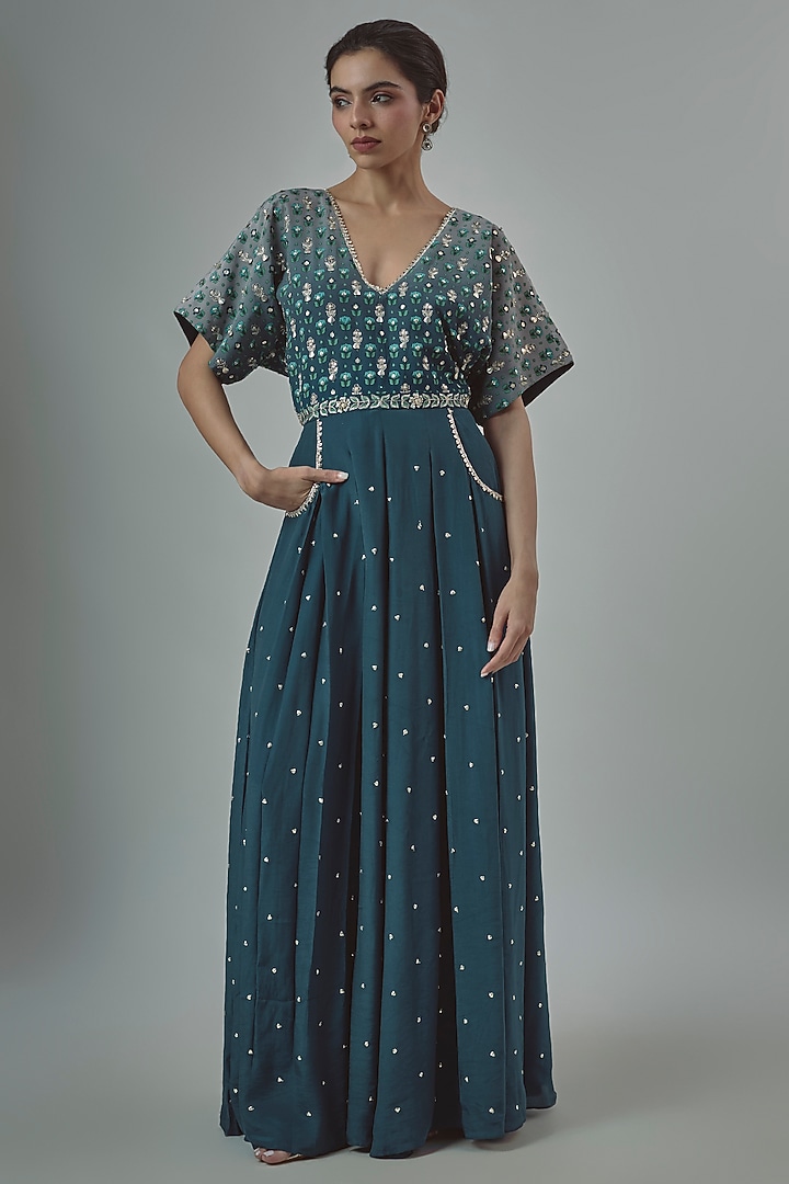 Blue Crepe Embroidered Jumpsuit by SVA BY SONAM & PARAS MODI at Pernia's Pop Up Shop