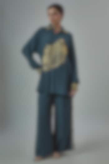 Midnight Blue Crepe Metal Embellished Co-Ord Set by SVA BY SONAM & PARAS MODI at Pernia's Pop Up Shop