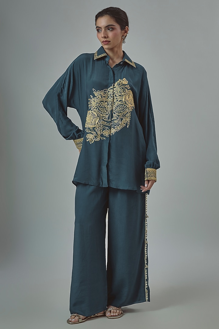 Midnight Blue Crepe Metal Embellished Co-Ord Set by SVA BY SONAM & PARAS MODI at Pernia's Pop Up Shop