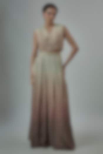 Brown & Ivory Ombre Crepe Embroidered Pleated Skirt Set by SVA BY SONAM & PARAS MODI at Pernia's Pop Up Shop