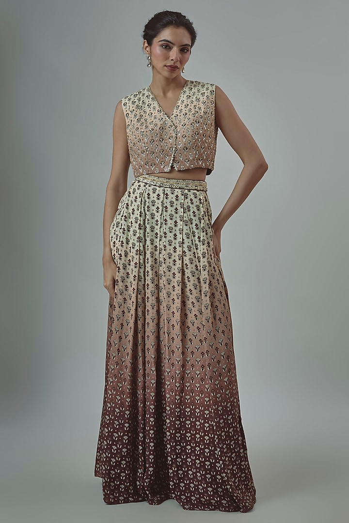 Brown & Ivory Ombre Crepe Embroidered Pleated Skirt Set by SVA BY SONAM & PARAS MODI at Pernia's Pop Up Shop