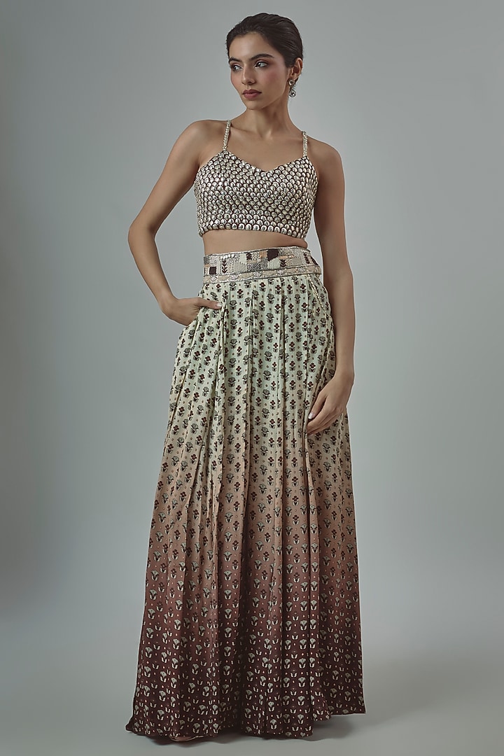 Brown Ombre Crepe Printed Pleated Skirt Set by SVA BY SONAM & PARAS MODI at Pernia's Pop Up Shop