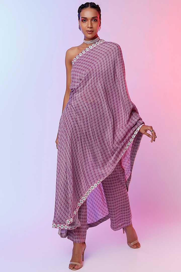 Lilac Printed One-Shoulder Draped Pant Saree by SVA BY SONAM & PARAS MODI