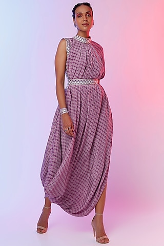 Lilac Printed Draped Dress by SVA BY SONAM & PARAS MODI